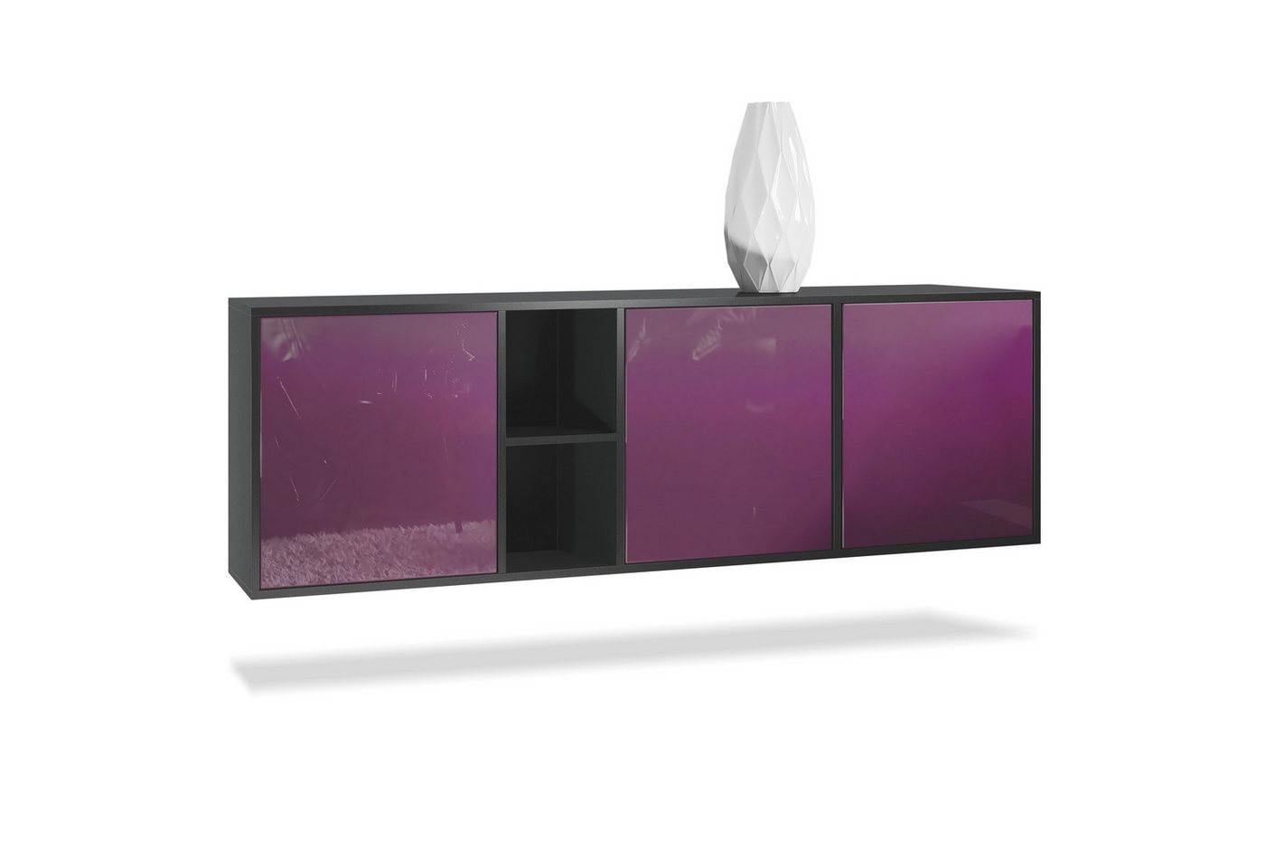 Vladon Sideboard Cuba (Kommode, mit 3 Türen und 2 offene Fächer), Schwarz matt/Brombeer Hochglanz (182 x 53 x 35 cm) von Vladon