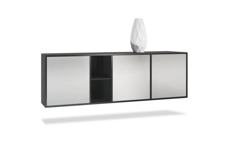 Vladon Sideboard Cuba (Kommode, mit 3 Türen und 2 offene Fächer), Schwarz matt/Hellgrau Seidenmatt (182 x 53 x 35 cm) von Vladon