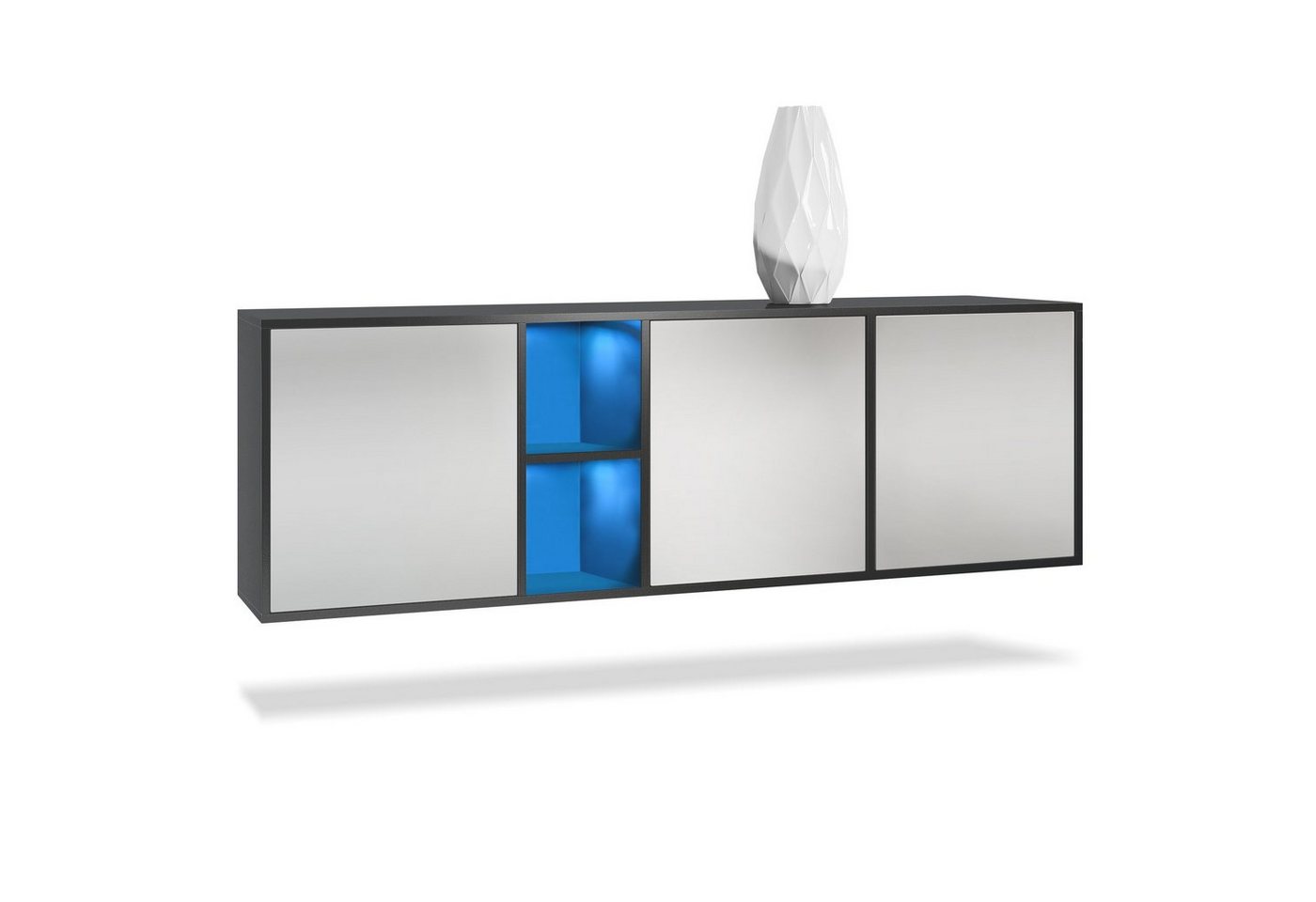 Vladon Sideboard Cuba (Kommode, mit 3 Türen und 2 offene Fächer), Schwarz matt/Hellgrau seidenmatt inkl. LED-Beleuchtung (182x53x35 cm) von Vladon