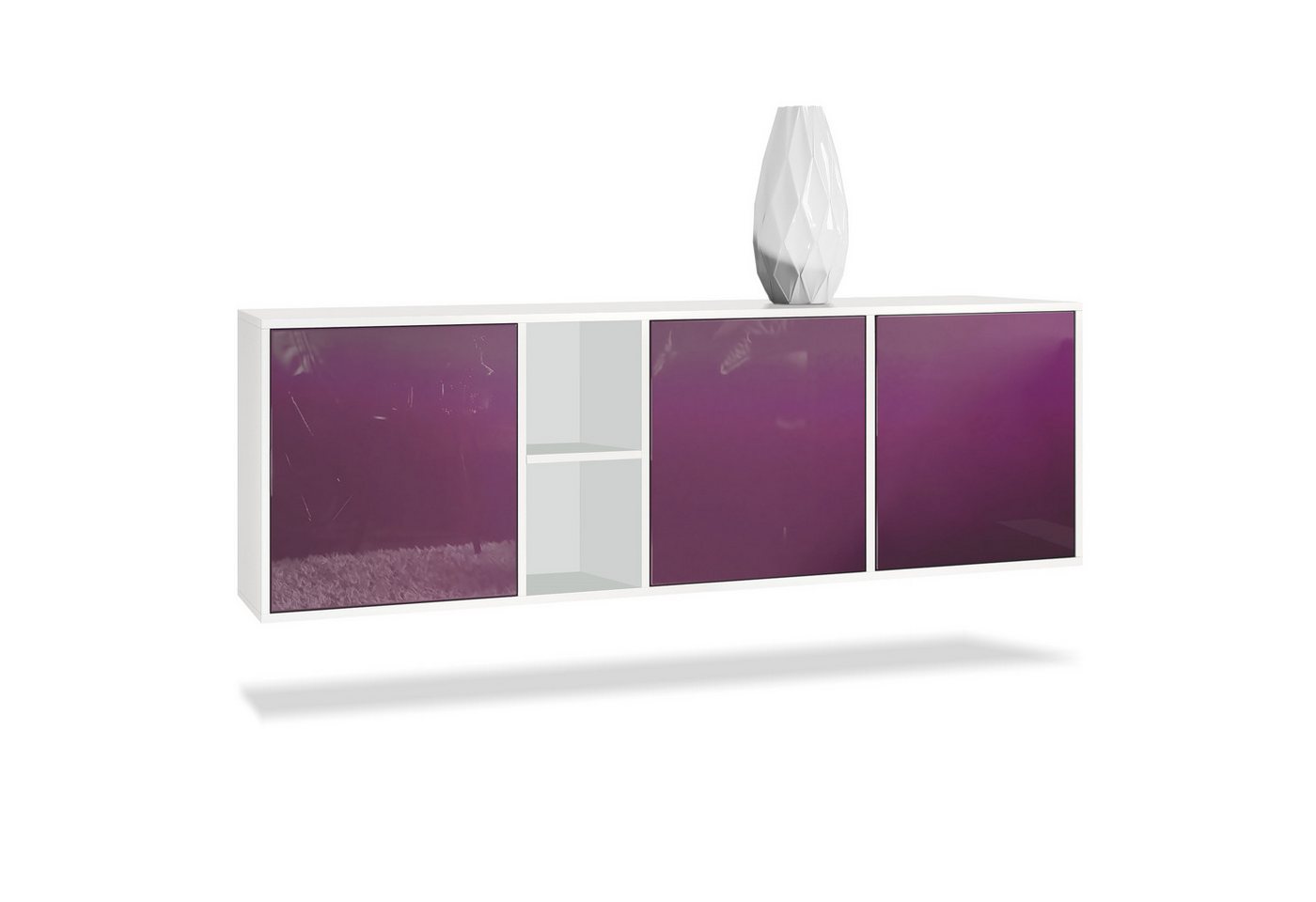 Vladon Sideboard Cuba (Kommode, mit 3 Türen und 2 offene Fächer), Weiß matt/Brombeer Hochglanz (182 x 53 x 35 cm) von Vladon