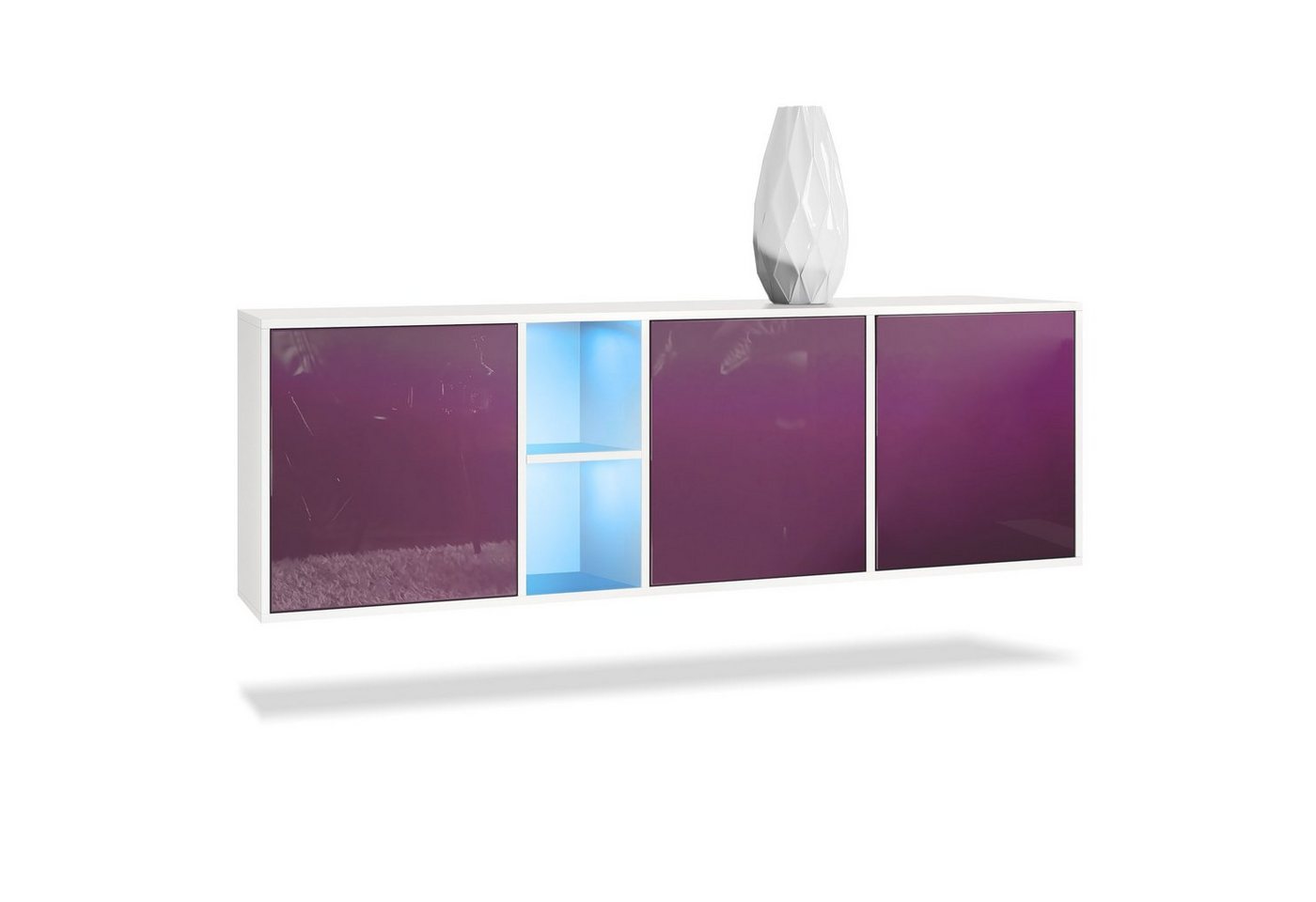 Vladon Sideboard Cuba (Kommode, mit 3 Türen und 2 offene Fächer), Weiß matt/Brombeer Hochglanz inkl. LED-Beleuchtung (182 x 53 x 35 cm) von Vladon