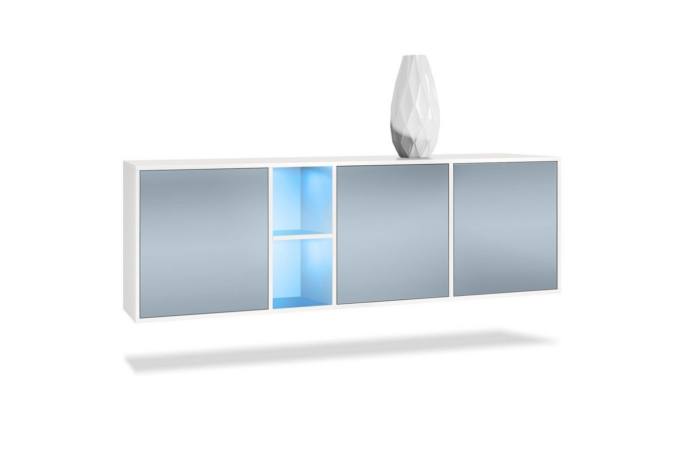 Vladon Sideboard Cuba (Kommode, mit 3 Türen und 2 offene Fächer), Weiß matt/Denim matt inkl. LED-Beleuchtung (182 x 53 x 35 cm) von Vladon