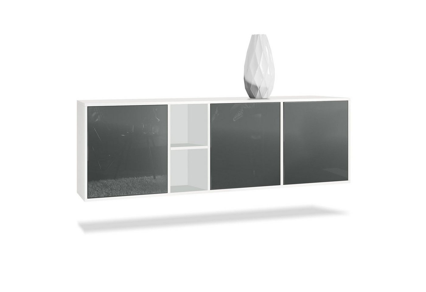 Vladon Sideboard Cuba (Kommode, mit 3 Türen und 2 offene Fächer), Weiß matt/Grau Hochglanz (182 x 53 x 35 cm) von Vladon