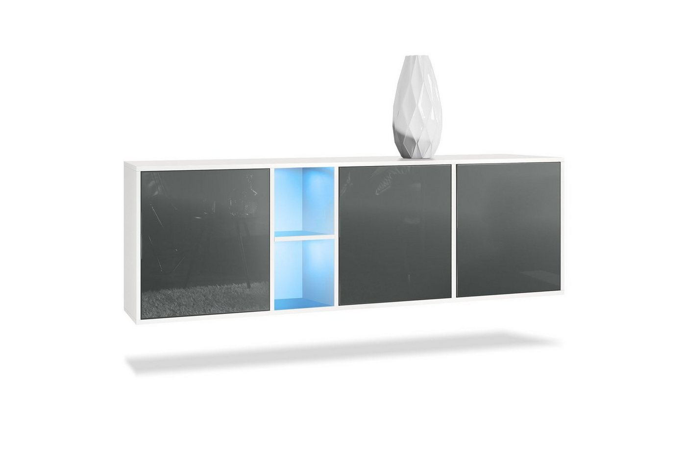 Vladon Sideboard Cuba (Kommode, mit 3 Türen und 2 offene Fächer), Weiß matt/Grau Hochglanz inkl. LED-Beleuchtung (182 x 53 x 35 cm) von Vladon