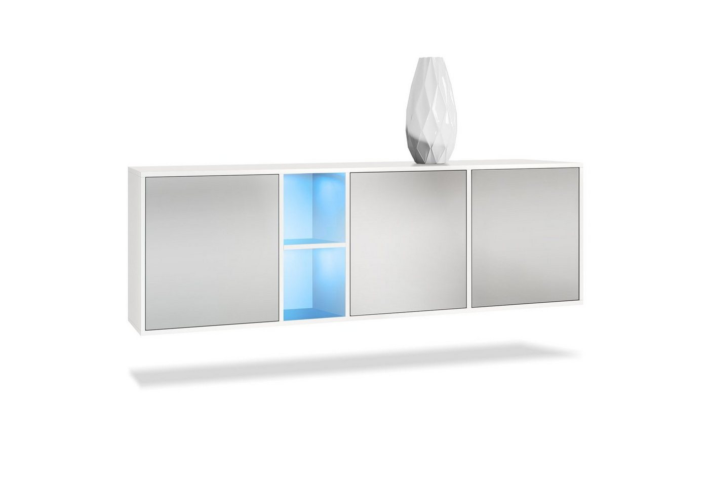 Vladon Sideboard Cuba (Kommode, mit 3 Türen und 2 offene Fächer), Weiß matt/Hellgrau seidenmatt inkl. LED-Beleuchtung (182 x 53 x 35 cm) von Vladon