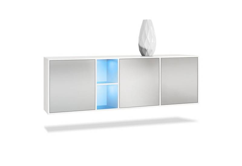 Vladon Sideboard Cuba (Kommode, mit 3 Türen und 2 offene Fächer), Weiß matt/Hellgrau seidenmatt inkl. LED-Beleuchtung (182 x 53 x 35 cm) von Vladon