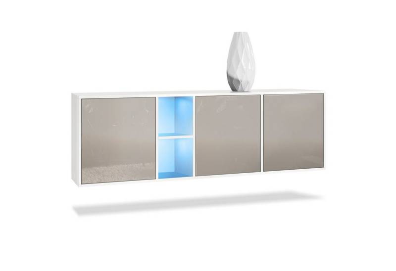 Vladon Sideboard Cuba (Kommode, mit 3 Türen und 2 offene Fächer), Weiß matt/Sandgrau Hochglanz inkl. LED-Beleuchtung (182 x 53 x 35 cm) von Vladon