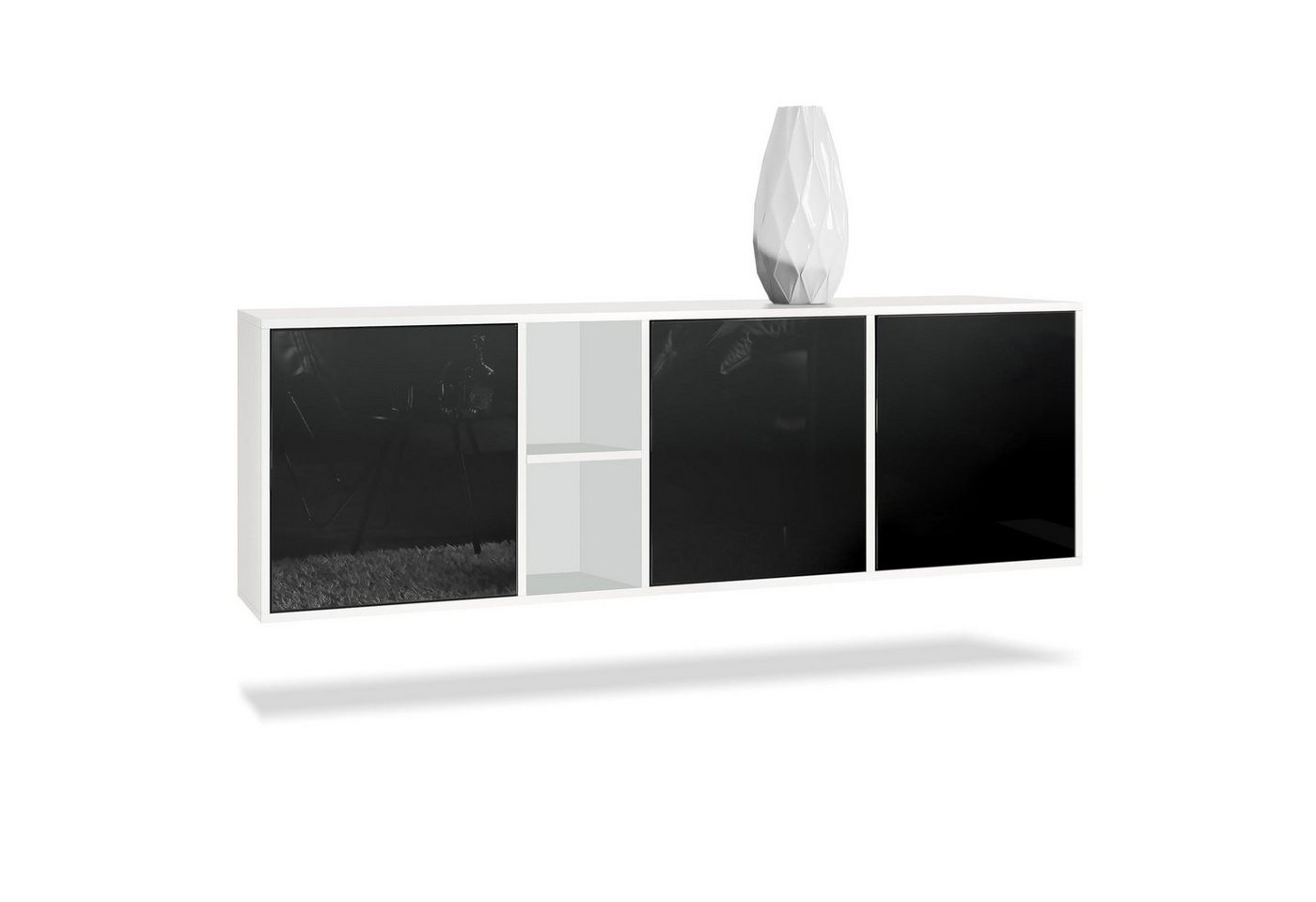 Vladon Sideboard Cuba (Kommode, mit 3 Türen und 2 offene Fächer), Weiß matt/Schwarz Hochglanz (182 x 53 x 35 cm) von Vladon