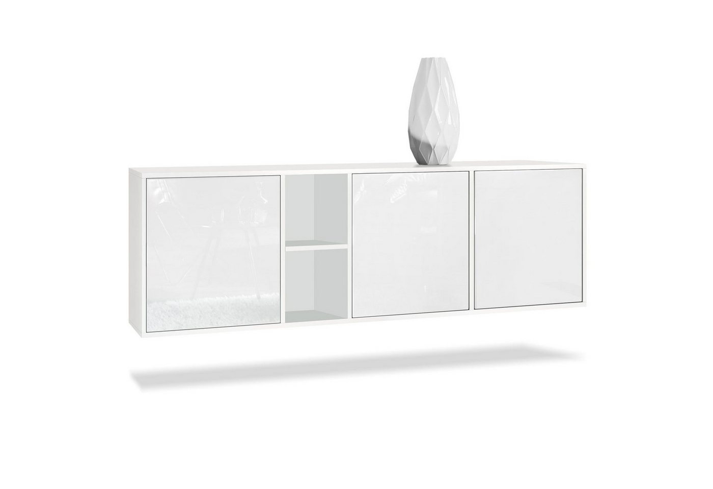 Vladon Sideboard Cuba (Kommode, mit 3 Türen und 2 offene Fächer), Weiß matt/Weiß Hochglanz (182 x 53 x 35 cm) von Vladon