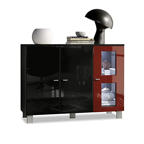 Vladon Sideboard Denjo, Made in Germany, Kommode mit 3 Türen, Schwarz matt/Schwarz Hochglanz/Bordeaux Hochglanz, inkl. LED-Beleuchtung (107 x 81 x 35 cm) von Vladon