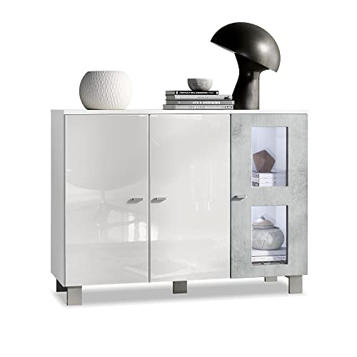 Vladon Sideboard Denjo, Made in Germany, Kommode mit 3 Türen, Weiß matt/Weiß Hochglanz/Beton Oxid-Optik, inkl. LED-Beleuchtung (107 x 81 x 35 cm) von Vladon