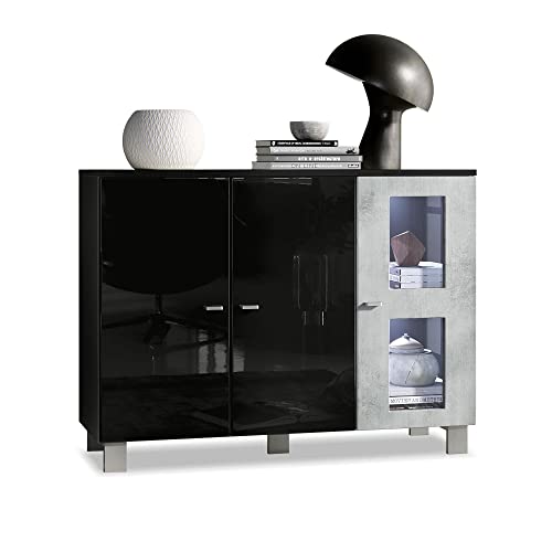 Vladon Sideboard Denjo, Made in Germany, Kommode mit 3 Türen, Schwarz matt/Schwarz Hochglanz/Beton Oxid-Optik, inkl. LED-Beleuchtung (107 x 81 x 35 cm) von Vladon