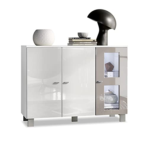 Vladon Sideboard Denjo, Made in Germany, Kommode mit 3 Türen, Weiß matt/Weiß Hochglanz/Sandgrau Hochglanz, inkl. LED-Beleuchtung (107 x 81 x 35 cm) von Vladon