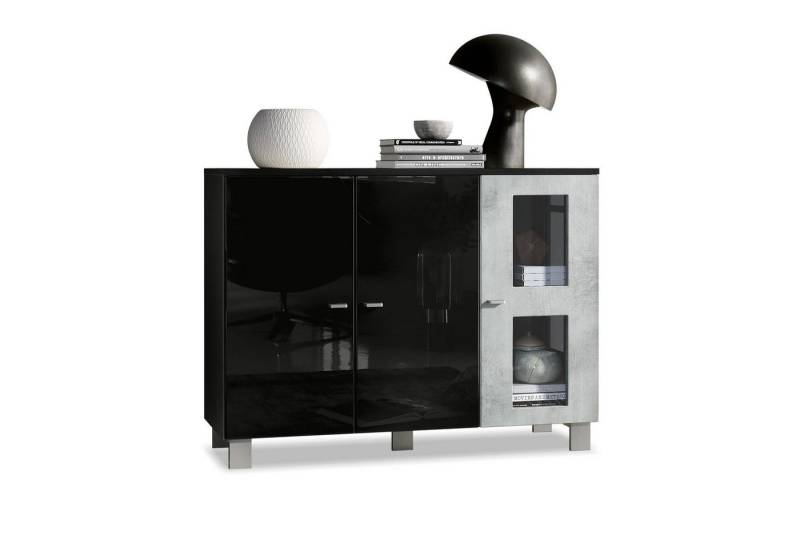 Vladon Sideboard Denjo (Kommode, mit 3 Türen), Schwarz matt/Schwarz Hochglanz/Beton Oxid Optik (107 x 81 x 35 cm) von Vladon