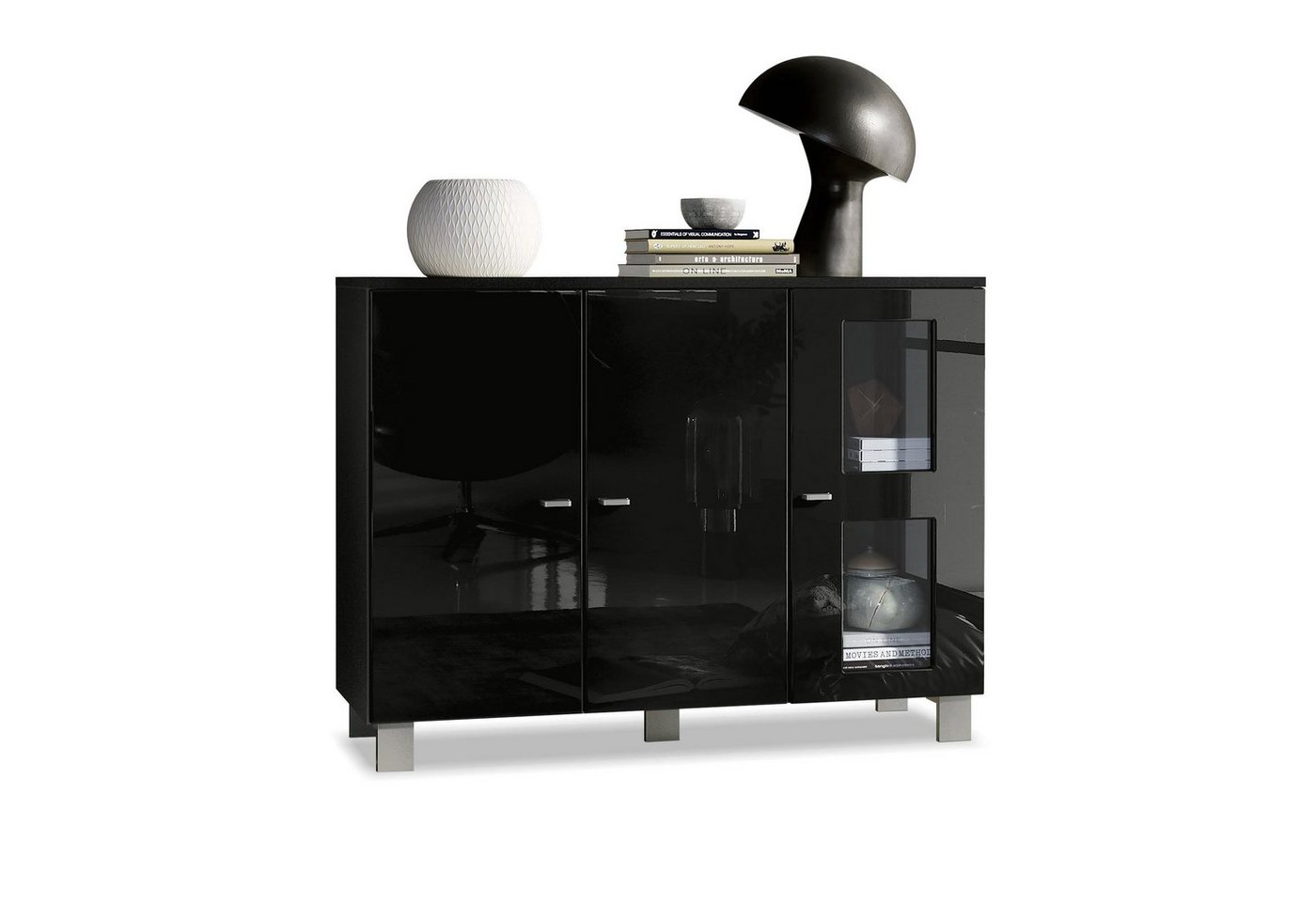 Vladon Sideboard Denjo (Kommode, mit 3 Türen), Schwarz matt/Schwarz Hochglanz (107 x 81 x 35 cm) von Vladon