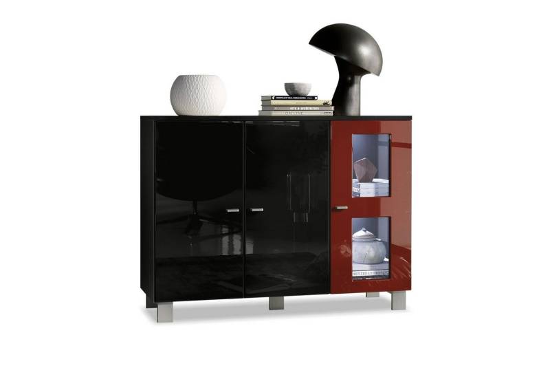 Vladon Sideboard Denjo (Kommode, mit 3 Türen), Schwarz matt&glänzend/Bordeaux glänzend mit Beleuchtung (107x81x35 cm) von Vladon