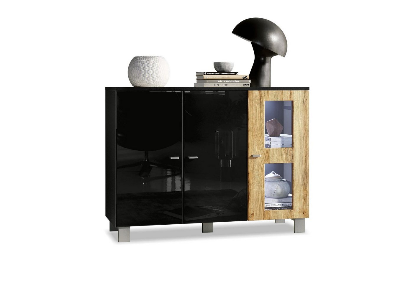 Vladon Sideboard Denjo (Kommode, mit 3 Türen), Schwarz matt&glänzend/Eiche Natur mit Beleuchtung (107x81x35 cm) von Vladon