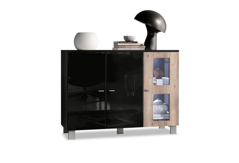 Vladon Sideboard Denjo (Kommode, mit 3 Türen), Schwarz matt&glänzend/Eiche Nordic mit Beleuchtung (107x81x35 cm) von Vladon