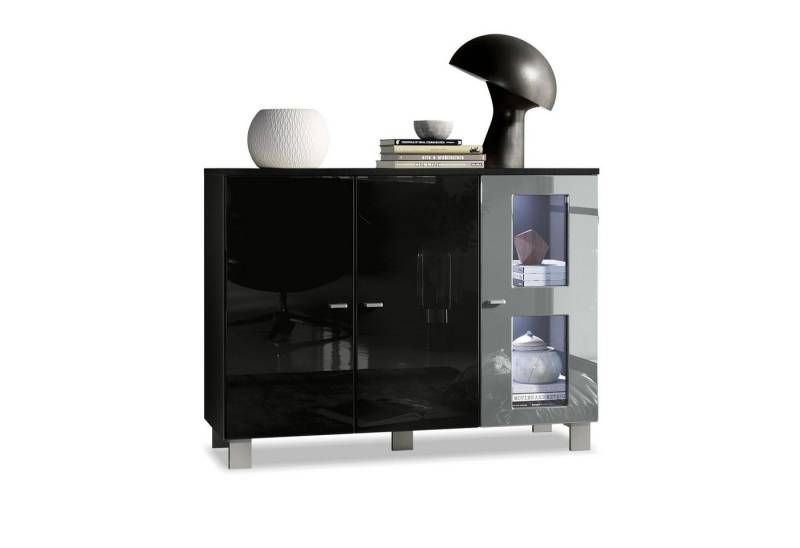 Vladon Sideboard Denjo (Kommode, mit 3 Türen), Schwarz matt&glänzend/Grau glänzend mit Beleuchtung (107x81x35 cm) von Vladon