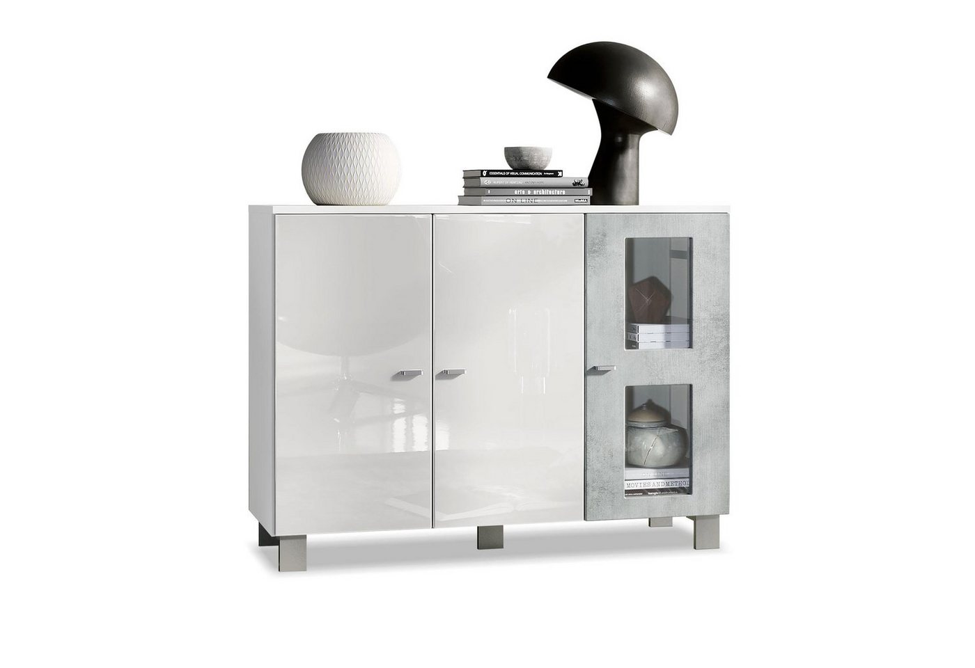 Vladon Sideboard Denjo (Kommode, mit 3 Türen), Weiß matt/Weiß Hochglanz/Beton Oxid Optik (107 x 81 x 35 cm) von Vladon