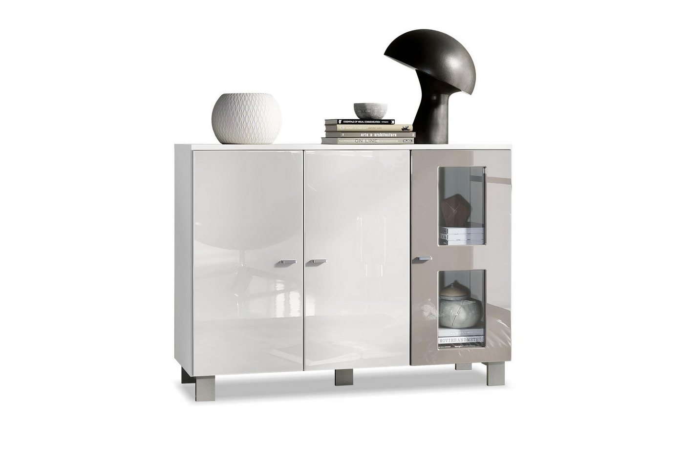 Vladon Sideboard Denjo (Kommode, mit 3 Türen), Weiß matt/Weiß Hochglanz/Sandgrau Hochglanz (107 x 81 x 35 cm) von Vladon