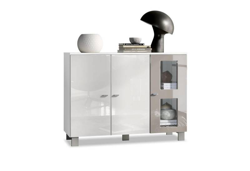 Vladon Sideboard Denjo (Kommode, mit 3 Türen), Weiß matt/Weiß Hochglanz/Sandgrau Hochglanz (107 x 81 x 35 cm) von Vladon