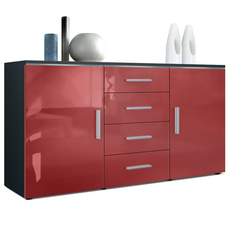 Vladon Sideboard Faro (Kommode, mit 2 Türen und 4 Schubladen), Schwarz matt/Bordeaux Hochglanz (139 x 72 x 35) von Vladon