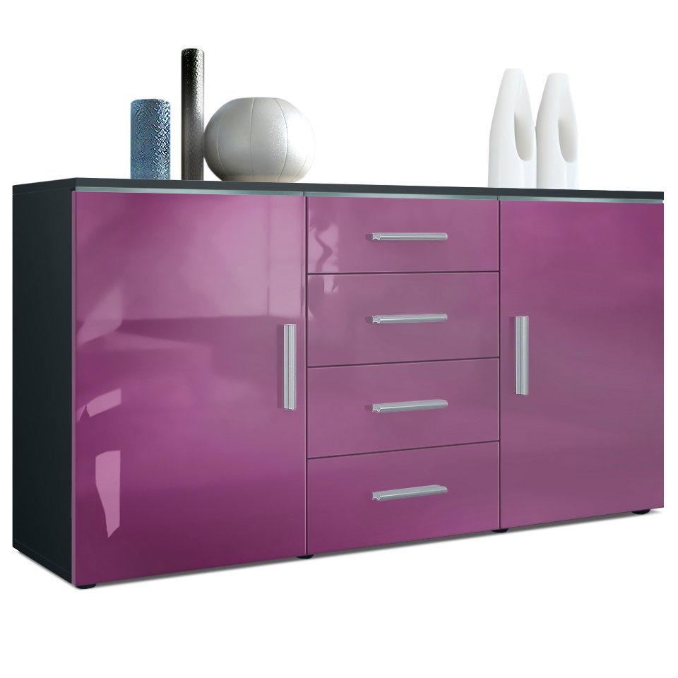 Vladon Sideboard Faro (Kommode, mit 2 Türen und 4 Schubladen), Schwarz matt/Brombeer Hochglanz (139 x 72 x 35) von Vladon