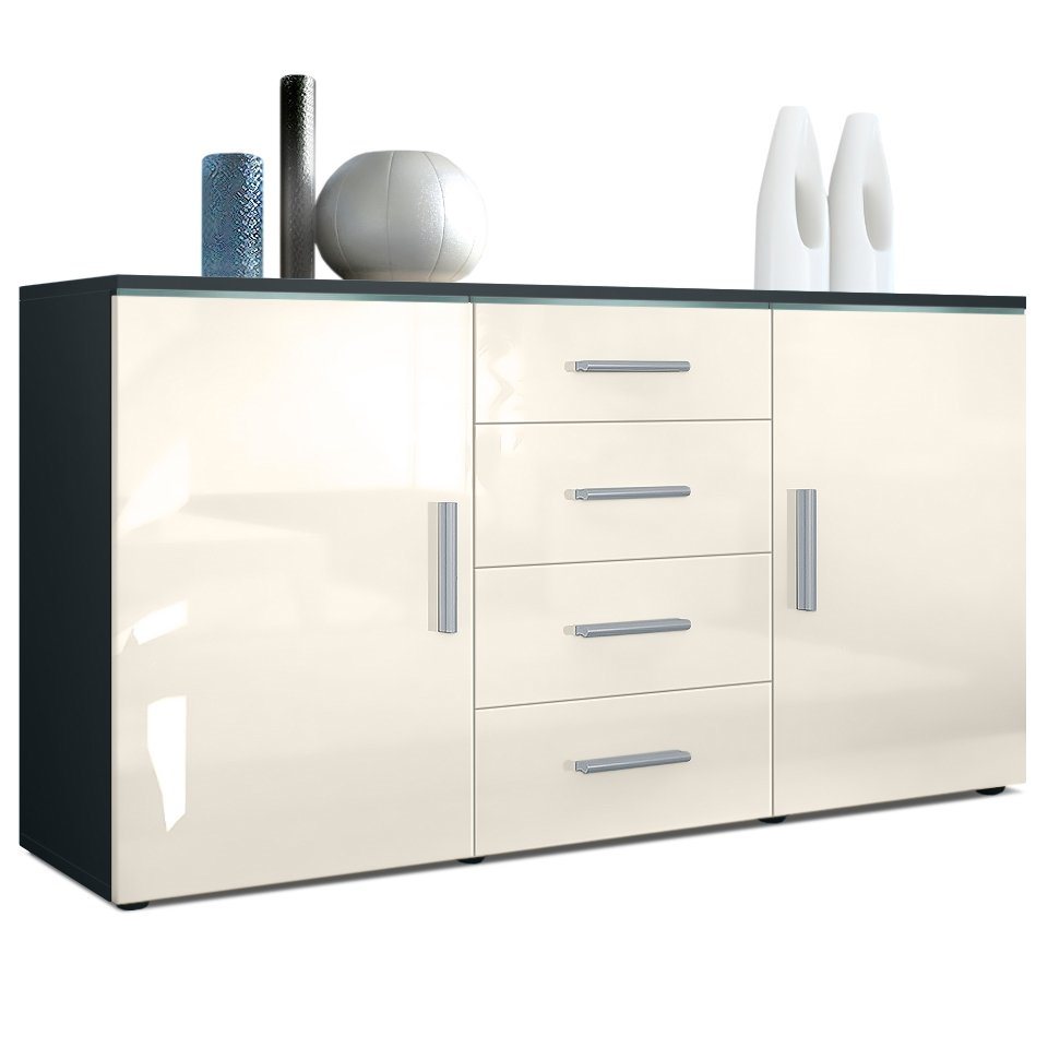 Vladon Sideboard Faro (Kommode, mit 2 Türen und 4 Schubladen), Schwarz matt/Creme Hochglanz (139 x 72 x 35) von Vladon