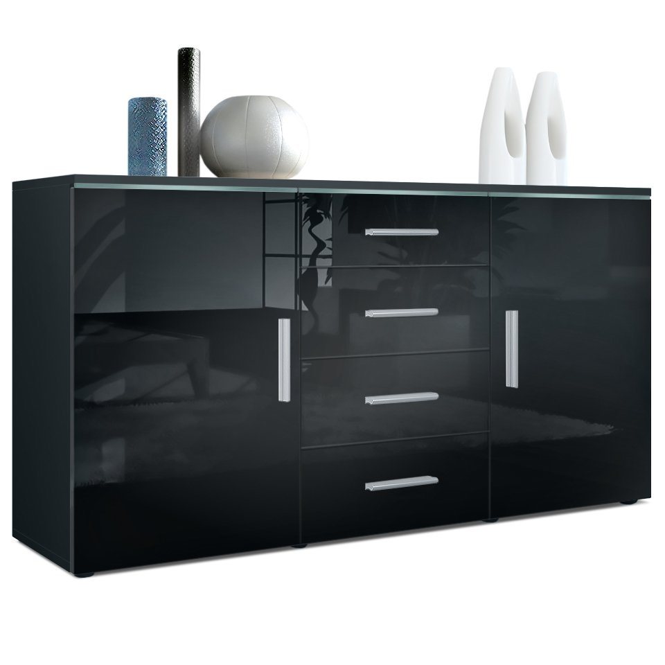 Vladon Sideboard Faro (Kommode, mit 2 Türen und 4 Schubladen), Schwarz matt/Schwarz Hochglanz (139 x 72 x 35) von Vladon