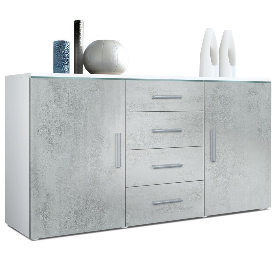 Vladon Sideboard Faro V1 (Kommode, mit 2 Türen und 4 Schubladen), Weiß matt/Beton Oxid Optik (139 x 72 x 35) von Vladon