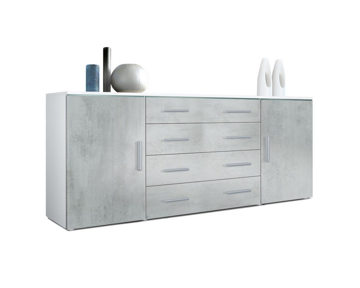 Vladon Sideboard Faro V2 (Kommode, mit 2 Türen und 4 Schubladen), Weiß matt/Beton Oxid Optik (166 x 72 x 35) von Vladon
