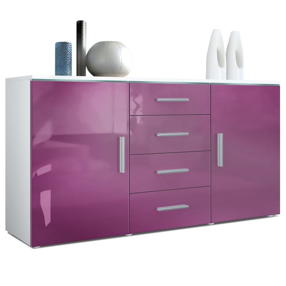 Vladon Sideboard Faro (Kommode, mit 2 Türen und 4 Schubladen), Weiß matt/Brombeer Hochglanz (139 x 72 x 35) von Vladon