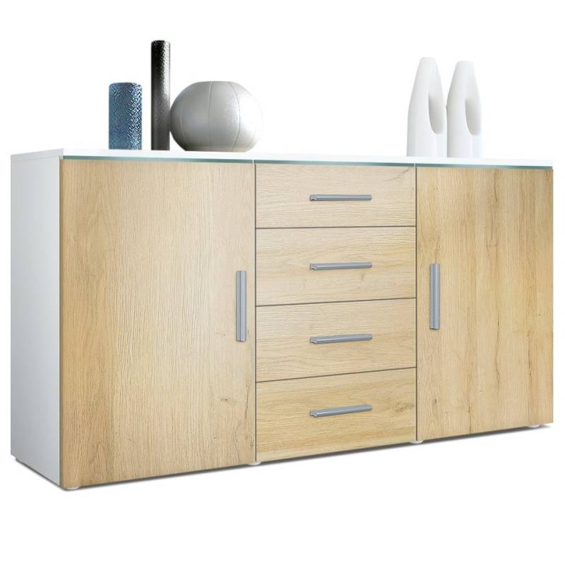 Vladon Sideboard Faro (Kommode, mit 2 Türen und 4 Schubladen), Weiß matt/Eiche Natur (139 x 72 x 35) von Vladon