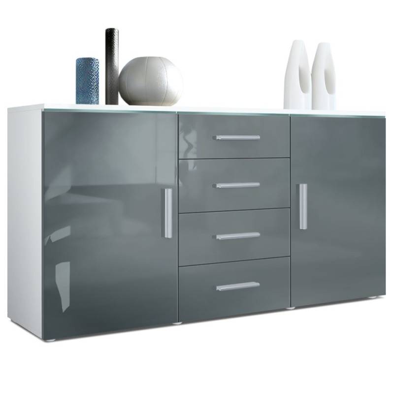 Vladon Sideboard Faro V1 (Kommode, mit 2 Türen und 4 Schubladen), Weiß matt/Grau Hochglanz (139 x 72 x 35) von Vladon