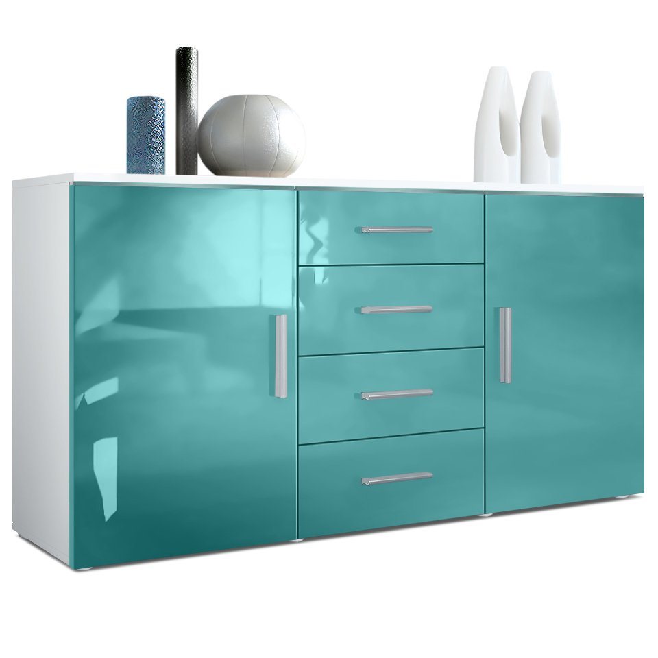 Vladon Sideboard Faro (Kommode, mit 2 Türen und 4 Schubladen), Weiß matt/Petrol Hochglanz (139 x 72 x 35) von Vladon