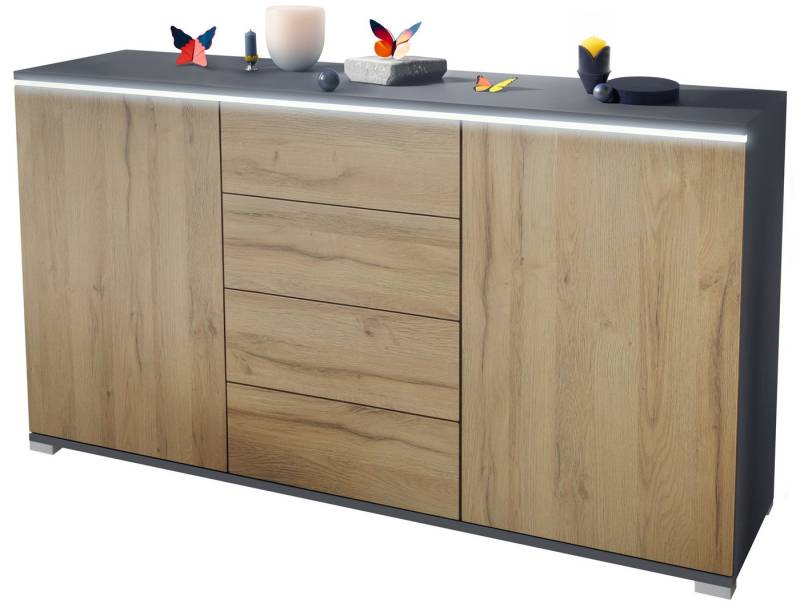 Vladon Sideboard Faro V1 (Kommode mit 2 Türen & 4 Schubladen, Schrank mit LED Lichtleiste), Anthrazit matt / Eiche Natur (138,5 x 75,5 x 35) von Vladon