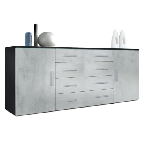 Vladon Sideboard Faro V2, Made in Germany, Kommode mit 2 Türen und 4 Schubladen, Schwarz matt/Beton Oxid Optik (166 x 72 x 35 cm) von Vladon