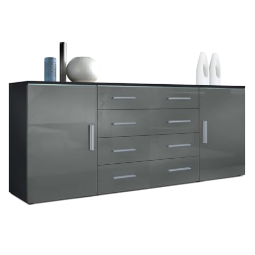 Vladon Sideboard Faro V2, Made in Germany, Kommode mit 2 Türen und 4 Schubladen, Schwarz matt/Grau Hochglanz (166 x 72 x 35 cm) von Vladon