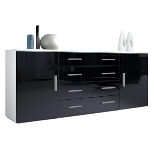 Vladon Sideboard Faro V2, Made in Germany, Kommode mit 2 Türen und 4 Schubladen, Weiß matt/Schwarz Hochglanz (166 x 72 x 35 cm) von Vladon