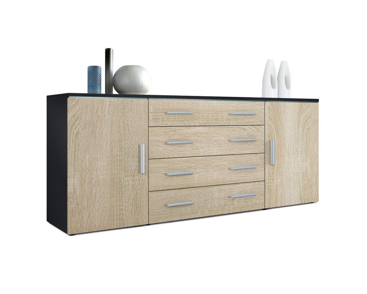 Vladon Sideboard Faro V2 (Kommode, mit 2 Türen und 4 Schubladen), Schwarz matt/Eiche sägerau (166 x 72 x 35) von Vladon