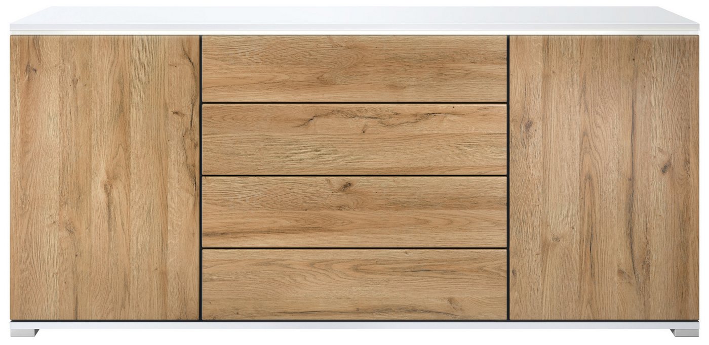 Vladon Sideboard Faro V2 (Kommode mit 2 Türen & 4 Schubladen, Schrank mit LED Lichtleiste), Weiß matt / Eiche Natur (166,5 x 75,5 x 35) von Vladon
