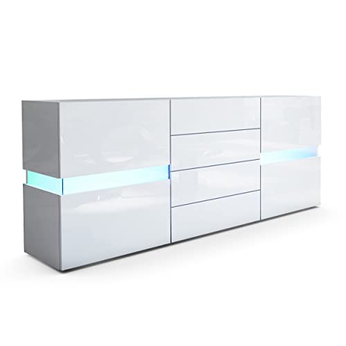Vladon Sideboard Flow, Made in Germany, Weiß Hochglanz/Weiß Hochglanz inkl. LED - Moderne Kommode mit Ambient Light Verglasung für Ihr Wohnbereich (177 x 75 x 39 cm) von Vladon
