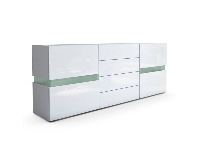 Vladon Sideboard Flow (Kommode mit Ambient Light Verglasung, mit 2 Türen, je 2 Fächer dahinter und 4 Schubladen), Weiß matt/Weiß Hochglanz (177 x 75 x 39 cm) von Vladon