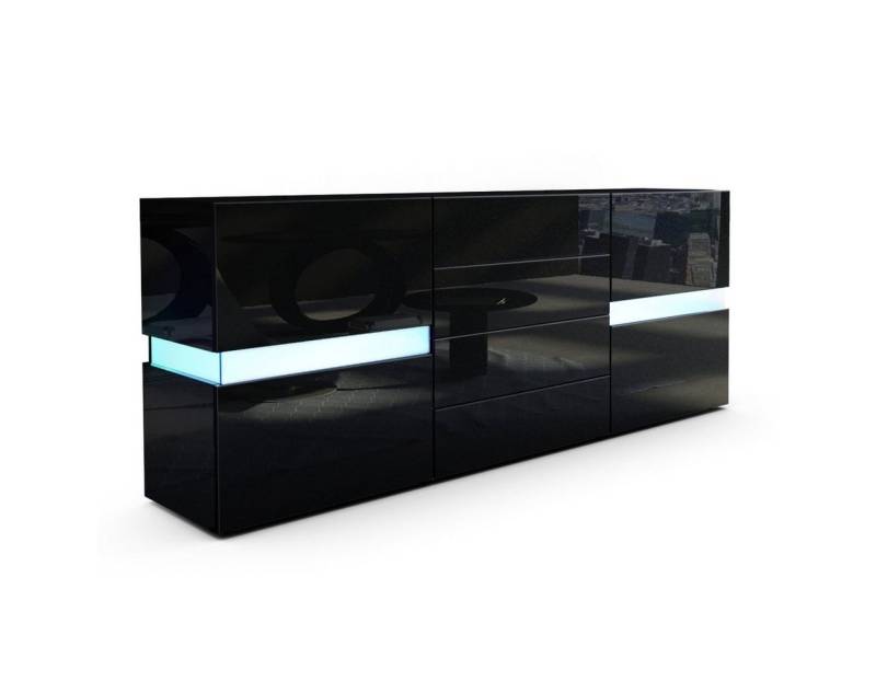 Vladon Sideboard Flow (Kommode mit Ambient Light Verglasung, mit 2 Türen und 4 Schubladen), Schwarz Hochglanz, inkl. LED-Beleuchtung (177 x 75 x 39 cm) von Vladon