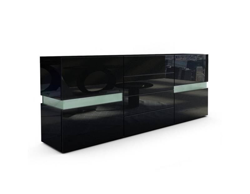 Vladon Sideboard Flow (Kommode mit Ambient Light Verglasung, mit 2 Türen und 4 Schubladen), Schwarz Hochglanz (177 x 75 x 39 cm) von Vladon