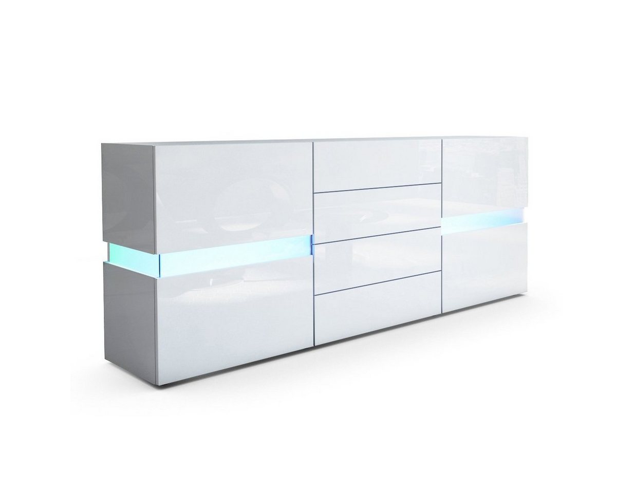 Vladon Sideboard Flow (Kommode mit Ambient Light Verglasung, mit 2 Türen und 4 Schubladen), Weiß Hochglanz, inkl. LED-Beleuchtung (177 x 75 x 39 cm) von Vladon