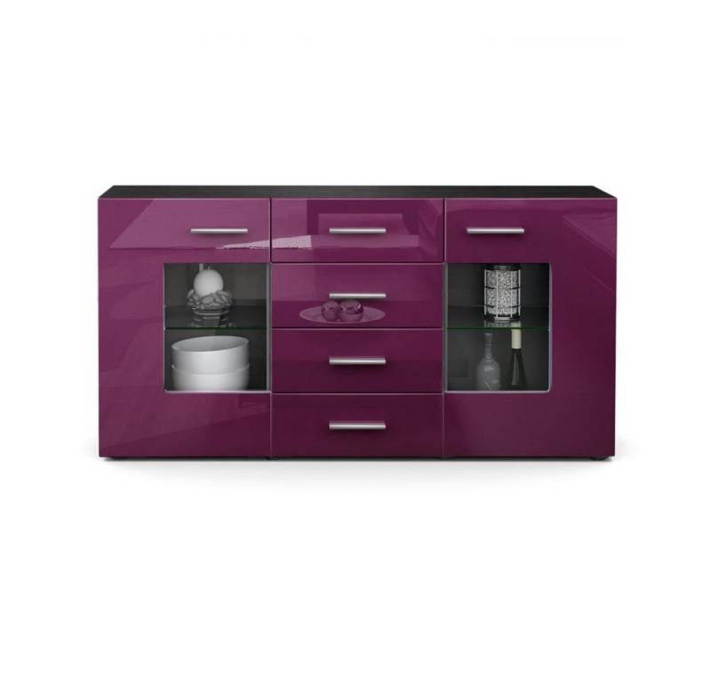 Vladon Sideboard Grömitz V1 (Kommode mit 2 Türen, 4 Schubladen und 2 flexible Glaseinlegeböden), Schwarz matt/Brombeer Hochglanz (139 x 72 x 35) von Vladon