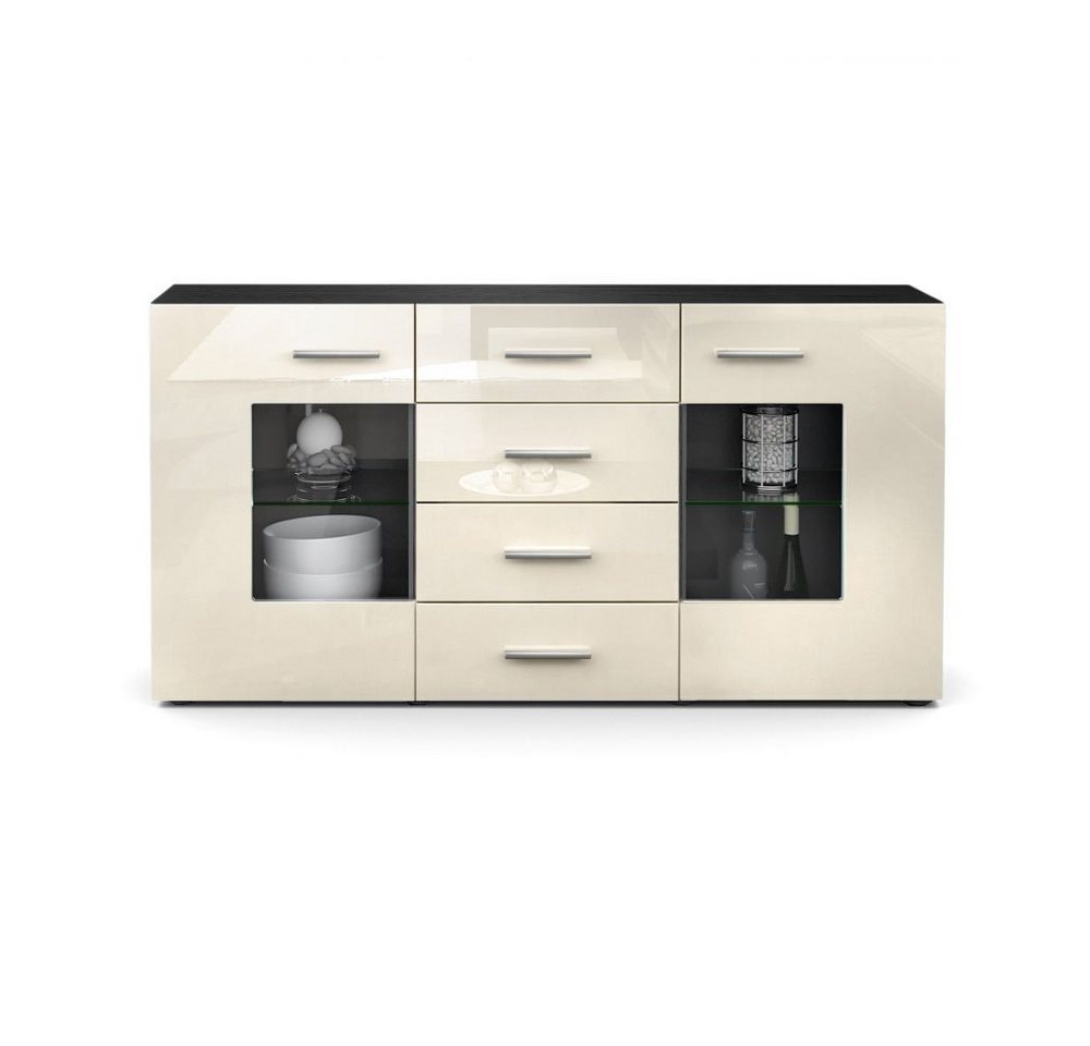 Vladon Sideboard Grömitz (Kommode mit 2 Türen, 4 Schubladen und 2 flexible Glaseinlegeböden), Schwarz matt/Creme Hochglanz (139 x 72 x 35) von Vladon