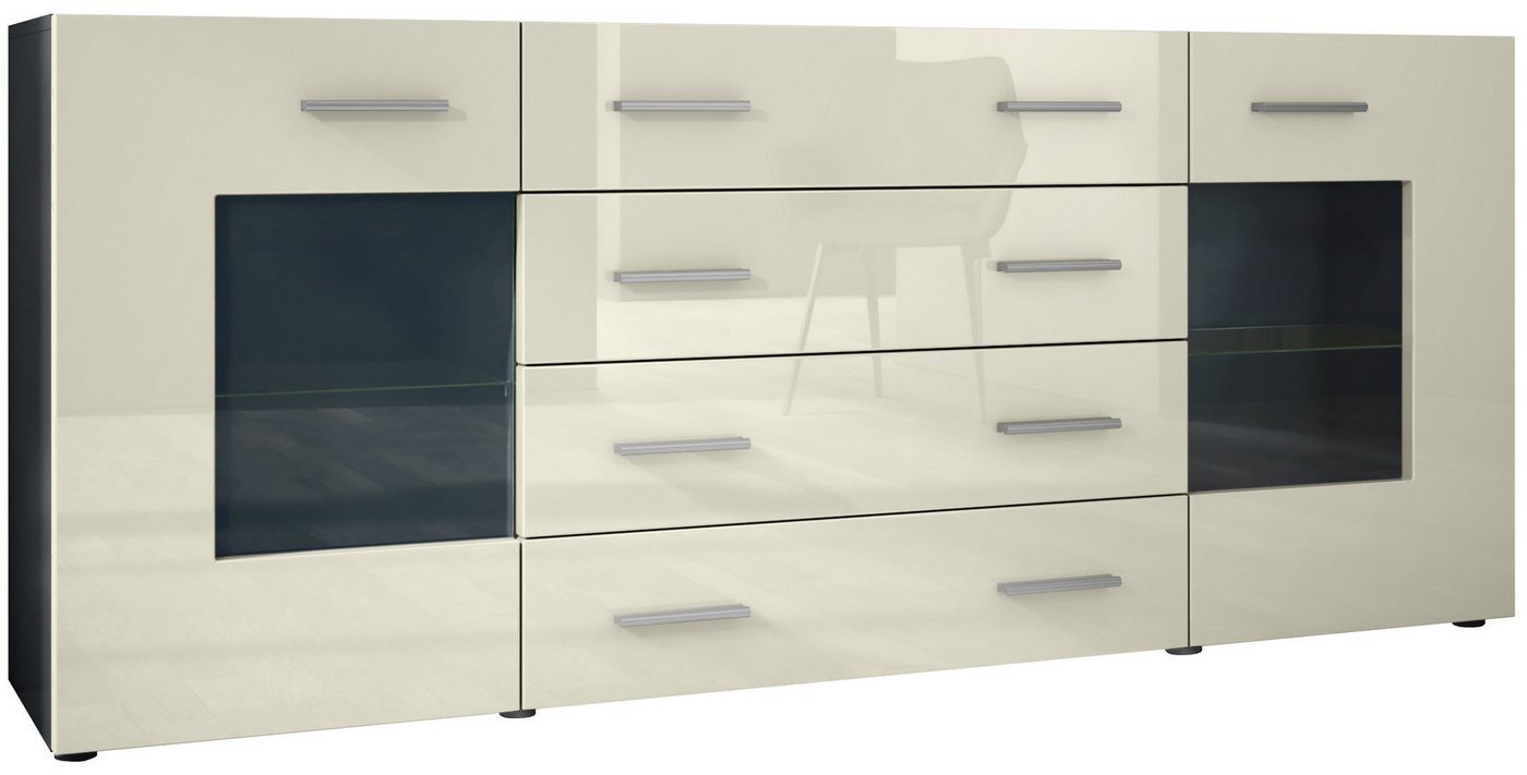 Vladon Sideboard Grömitz (Kommode mit 2 Türen, 4 Schubladen und 2 flexible Glaseinlegeböden), Schwarz matt/Creme Hochglanz (166 x 72 x 35) von Vladon